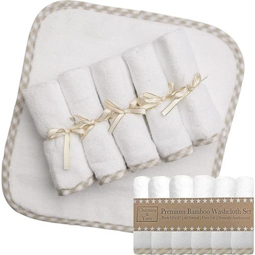 Channing & Yates Premium Organic Baby Washcloth Set - (6 Pack Wash Cloth) - Viscose Made from Bamboo Face Towels/Washcloths for Eczema - Child or Adult Essentials for Bath (Beige/White) - Beige Gingham