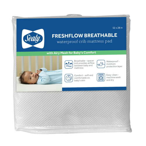 Sealy Fresh Flow Breathable Waterproof Crib and Toddler Mattress Pad, White, 52" x 28"
