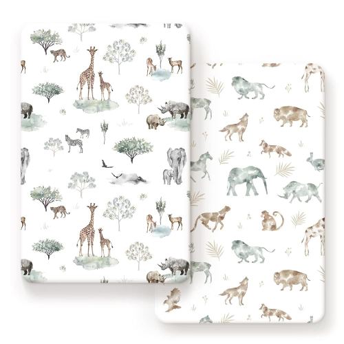 Stretchy Ultra Soft Jersey Knit Fitted Pack n Play Sheets Set 2 Pack, Portable/Mini Crib Sheets for Boys and Girls, Stylish Playard Sheets Fitted Safe and Snug, African Savannah Animals Pattern