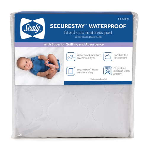Sealy SecureStay Waterproof Crib Mattress Pad, Easy Clean Washable, Crib/Toddler Bed, White