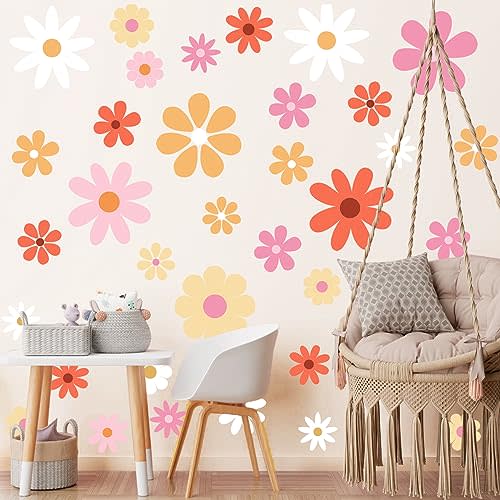 TaoBary 12 Sheets Daisy Wall Decal Flower Wall Sticker Cute Daisy Sticker Pink White Flower Decal Peel and Stick Floral Wallpaper for Nursery Bedroom Home Decor(Bright Color,Bright Style)