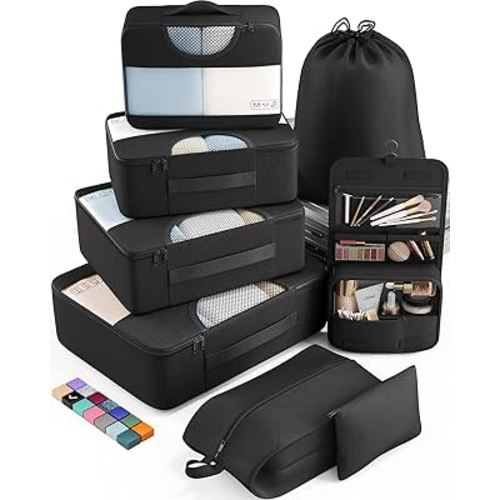 Veken 8 Set Packing Cubes for Suitcases, Travel Essentials for Carry on, Luggage Organizer Bags Set for Travel Accessories in 4 Sizes (Extra Large, Large, Medium, Small), Black