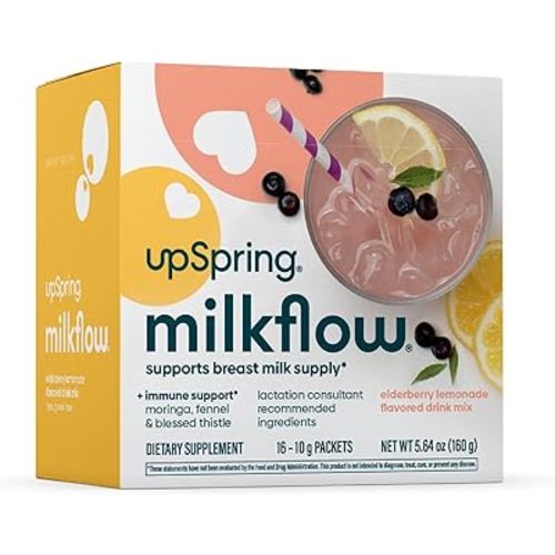 UpSpring Milkflow Immune Support Breastfeeding Supplement Drink Mix Fenugreek-Free, Moringa Elderberry Lemonade Flavor, Lactation Supplement to Support Breast Milk Supply, 16 Mixes
