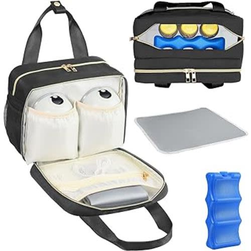 PIIOSER Breastmilk Cooler Bag with Ice Pack, Compatible with Wearable Breast Pumps & Accessories - Portable Pumps Carrying Case for Nursing & Working Moms, Black