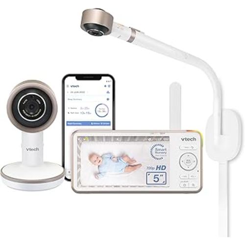 VTech V-Care VC2105 1080p FHD Over-The Crib Mount Smart Baby Monitor 5” 720p LCD Screen,Table Stand,Remote Access,Versatile Placement,Intelligence Detection, Sleep Analysis,18hrs Recording,with WiFi