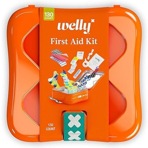 Welly First Aid Kit - Adhesive Flexible Fabric and Waterproof Bandages, Tape and Non-Stick Pads, Butterfly Strips, Single Use Ointments Triple Antibiotic and Hydrocortisone, and Ibuprofen - 130 Count