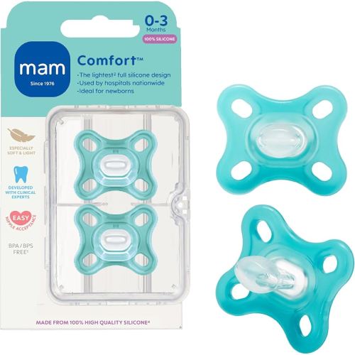 MAM Comfort Baby Pacifiers, Lightweight One-Piece Full Silicone Binky for Newborns 0-3 Months, BPA-Free Nipple, Easy to Clean Pacifier, Best for Breastfed Babies, with Sterilizer Case, 2 Count Binkies