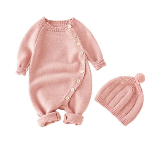 MeetoTime Baby Clothes Round Neck Long Sleeve Knitted Jumpsuits with Hat Infant Toddler Home Crawling Clothes