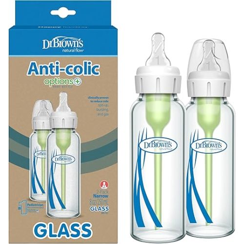 Dr. Brown's Natural Flow Anti-Colic Options+ Narrow Glass Baby Bottle 8 oz/250 mL, with Level 1 Slow Flow Nipple, 2 Pack, 0m+