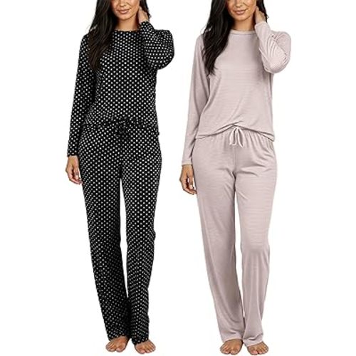 Real Essentials 2 Pack: Women's Long Sleeve Pajama Sets - Soft Comfy 2 Piece PJ Set Matching Ladies Sleepwear (Plus Size)