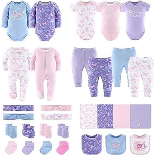 The Peanutshell Baby Layette Gift Set for Baby Girls - 30 Piece Baby Girl Clothes Newborn to 9 Months - Purple Butterfly