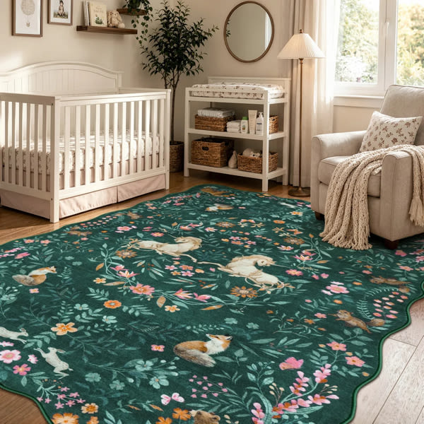 Elysia Washable Maximalist Unicorn Garden Scalloped Dark Green Rug