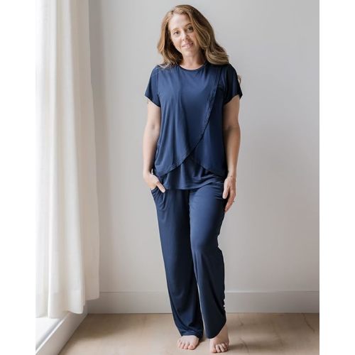 Kindred Bravely Tulip Hem Short Sleeve Maternity & Nursing Pajama Set | Amazon Exclusive Women’s Nursing Pajamas - Medium - Navy Blue