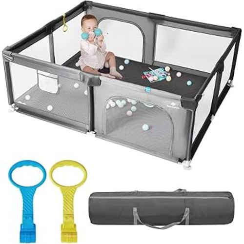 dearlomum Baby Playpen with Non Removable Mat, Extra Large Play Yard for Babies & Toddlers, Portable Travel Playpen, Baby Activity Center for Indoor & Outdoor Use (Gray 59"×71")