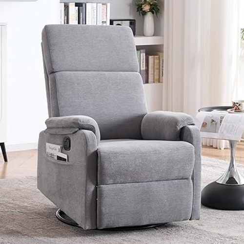Swivel Rocker Recliner 360°, Rocking Chair Nursery, Small Recliners for Small Spaces, Glider Recliner Chair with Side Pocket for Living Room, Bedroom, RV, Fabric Beige