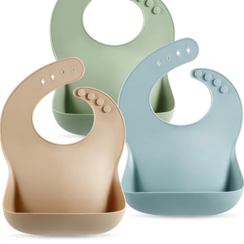 PandaEar Set of 3 Silicone Baby Bibs Waterproof, Soft, Unisex, 10-72 Months (Brown/Blue/Green)
