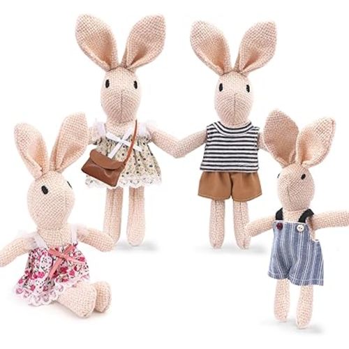 HAPGFS Handmade Rabbit Family Dolls Set of 4 with Removable Outfits & Bag, Realistic Dollhouse People Figures for Imaginative Play, Kids Room Decoration, Easter Bunny