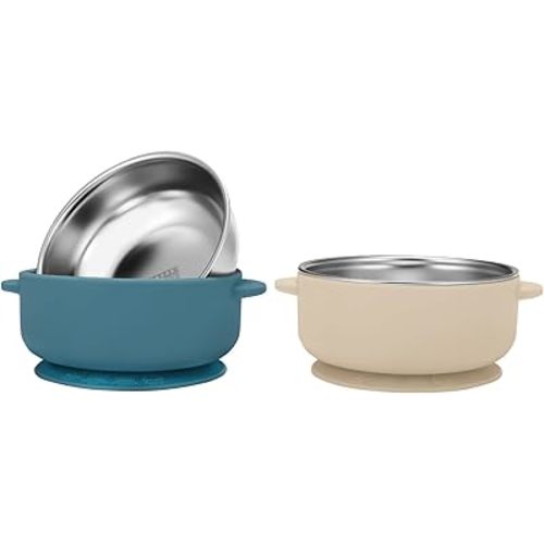 2 Pack Stainless Steel Baby Bowls with Removable Non-Slip Silicone Suction Shell, Anti Scald Food Container for Baby Food Feeding-Blue & Cream
