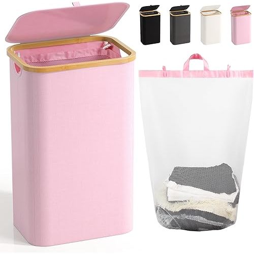 100L Laundry Hamper with Lid, Large Laundry Basket with Bamboo Handles, Clothes Hampers for Laundry with Removable Bag, Dirty Clothes Hampers for Bedroom Aesthetic, Pink