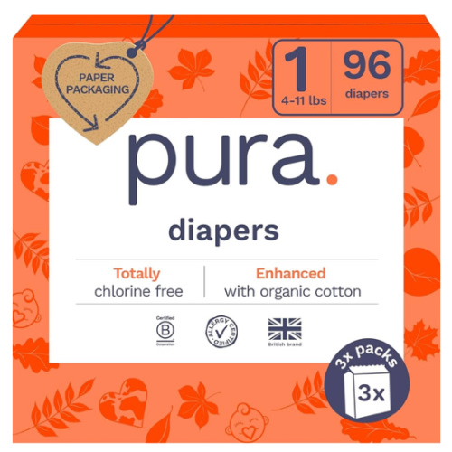 Pura Hypoallergenic Diapers, Size 1 (4-11lbs), Newborn, Totally Chlorine Free, Wetness Indicator, Suitable for Sensitive Skin, Soft Organic Cotton Comfort, Overnight, 3 Packs of 32 (96 Baby Diapers)