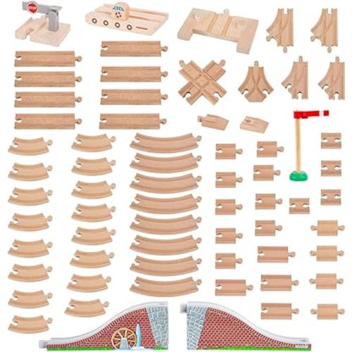 Orbrium Toys 68 Pcs Wooden Train Track Expansion Pack Compatible with Thomas Wooden Train, Brio, Thomas The Tank Engine (68 Pcs)