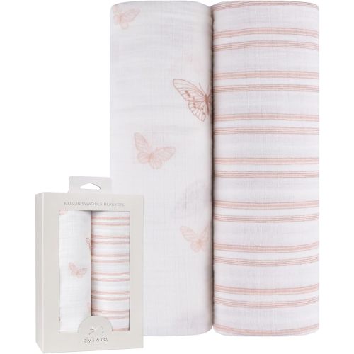 Ely's & Co. Muslin Swaddle Blankets 2-Pack for Baby Girl, 100% Cotton Muslin Extra Large Swaddle Receiving Blankets, 47”x47” (Pink Butterflies + Stripes)