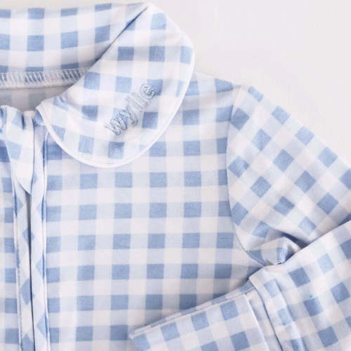 Peter Pan Collar Zipper Footie | Dusty Blue Gingham