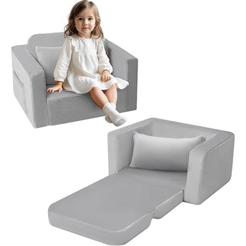 MeMoreCool Foldable Kids Couch Bed, Fold Out Toddler Chair Comfy 1-3 Years Old, Convertible Baby Sofa Child Recliner Lounger (Grey)
