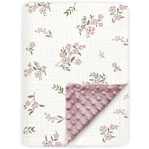 BOPRIO Muslin Baby Blankets for Girls Super Soft Nursery Minky Blankets with Breathable Muslin Cotton Front and 3D Touch Dotted Fleece Backing, Pink Floral Printed Bed Throws Newborn 30 x 40 Inch