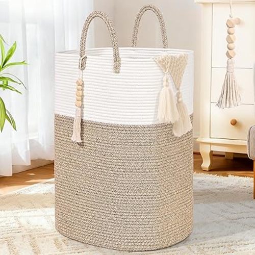 65L Woven Laundry Basket for Clothes, Large Rectangle Laundry Hampers with Beads Tassel, Nursery Storage Basket for Toys, Tall Dirty Clothes Hamper for Bedroom Aesthetic, Laundry Room Organization
