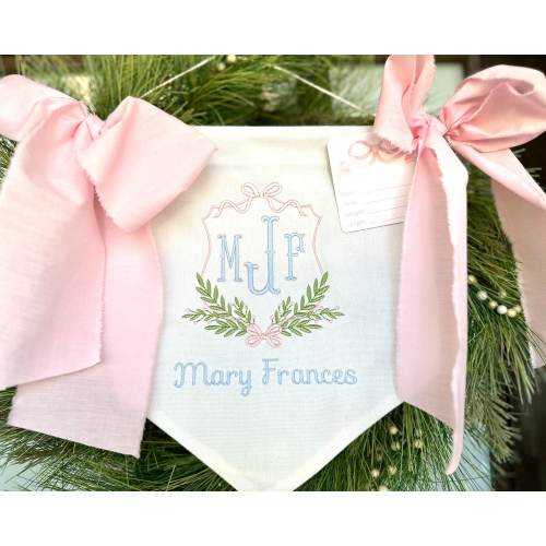 Custom Baby Banner Floral Crest Welcome Banner, Hospital Door or Crib with Fabric Bows and Birth Stats Card