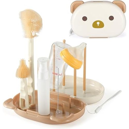 VOOWO Baby Bottle Brush & Drying Rack, Portable Travel Bottle Cleaner Kit, Silicone Baby Bottle Cleaner Brush Set with Baby Bottle Brush for Cleaning, Nipple Brush, Straw Cleaner (White)