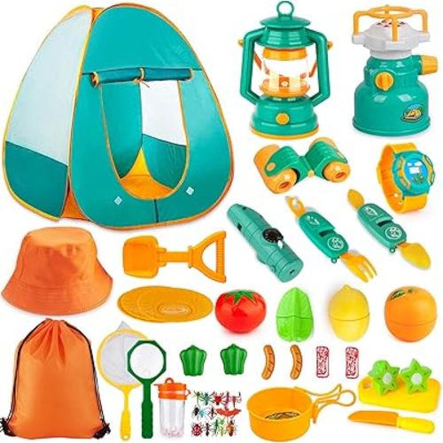 45Pcs Kids Pop Up Play Tent Set - Indoor/Outdoor Pretend Play with Camping Gear Tools for Toddler Boys/Girls - Including Telescope, Walkie Talkie, Tent, Stove