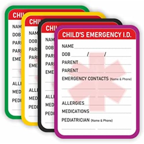 Infant Emergency Contact Sticker - (Pack of 24) 4" x 3" Child Medical Information ICE Stickers for Kids Vehicle Baby Car Seats Windows