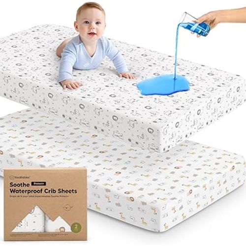 2-Pack Waterproof Crib Sheets for Girl, Boy - Organic Cotton 52X28 Fitted Crib Sheets Neutral,Crib Mattress Protector Sheets,Soft Toddler Bed Sheets,Washable Infant Fitted Baby Crib Sheets (KeaSafari)