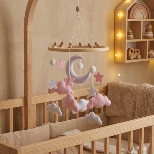 Handmade Felt Baby Mobile, Moon Stars Clouds, Pastel Nursery Decor