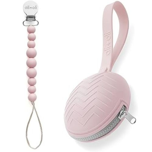 Ali+Oli (Pink) Bundle Duo, Modern Pacifier Case & Pacifier Clip, BPA Free Food-Grade Silicone, Gift Set for Baby