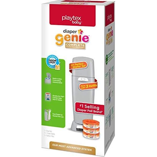 Diaper Genie Playtex Complete Diaper Pail, with Built-in Odor Controlling Antimicrobial, Includes 1 Pail and 3 Max Fresh Refills, Grey (10078300115998), Laundry