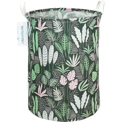 LANGYASHAN Laundry Basket Canvas Fabric Collapsible Organizer Basket for Storage Bin Toy Bins Gift Baskets Bedroom Clothes Children Nursery Hamper (Round Leaf)