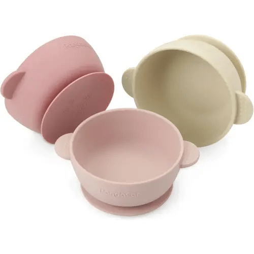 PandaEar 3 Pack Silicone Baby Bowls with Suction| Stay Put Suction Bowls for Babies Kids Toddlers Infants| Large Cup Base| Food Grade Soft Safe BPA-Free (Pnk/Rose Red/Linen)