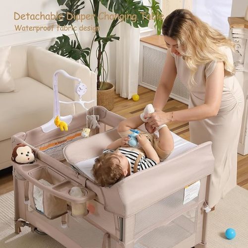4 in 1 Pack and Play, Portable Travel Baby Bassinet, Foldable Travel Playard Playpen for Toddler, Bedside Crib Sleeper, Diaper Changer Table, Baby Playard for Newborn (Champagne)