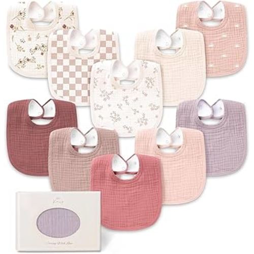 Konssy 10-Pack Muslin Baby Bibs, Soft Cotton Bandana Bibs for Drooling & Teething, Unisex Solid Colors for Boys & Girls, Newborn & Infant, Perfect Shower Gift