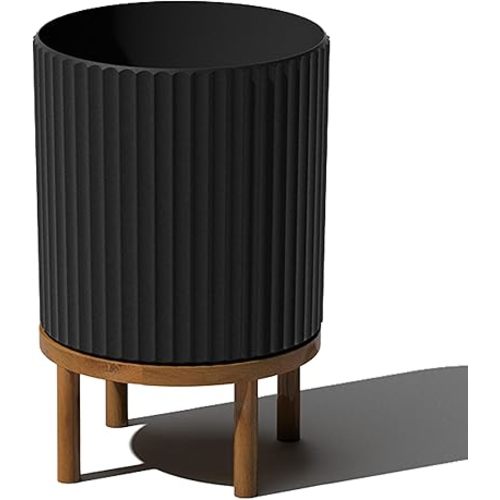 Veradek Demi Series Round Planter w/ Stand for Porch/Patio | Durable Plastic-Concrete & Wooden Stand | Modern Décor for Tall Plants, Flowers