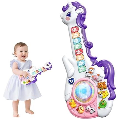 Marstone Toys for 1 Year Old Girl Birthday Gifts: Baby Musical Unicorn Toys 12-18 Months, Educational Cartoon Guitar for Toddlers 1-2, Infant Interactive Learning Present for 1st First Christmas, Xmas