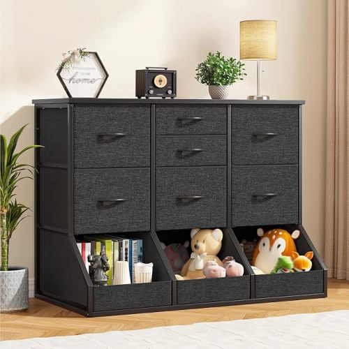 White Dresser for Bedroom, Fabric Dresser with 7 Drawers and 3 Open Cubbies, Cabinet Organizer,Chest of Drawers for Entryway,Hallway,Metal Frame & Wood Top,39.3" Wx17.7 Dx31.5 H