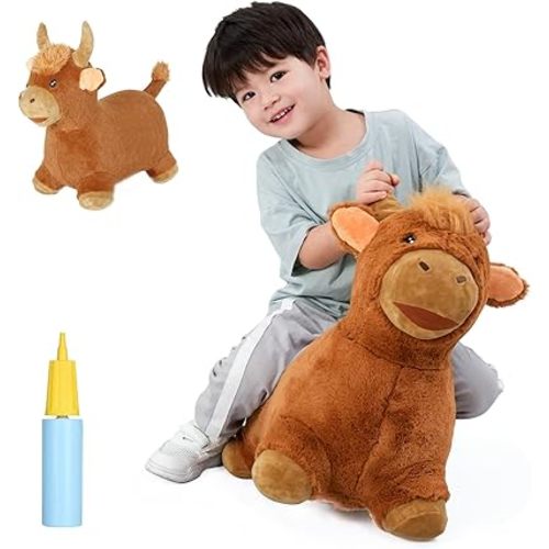 INPANY Bouncy Bull Hopping Toys - Toddler Brown Plush Cow Hopper, Kids Inflatable Farm Animal Hopper Horse, Outdoor Indoor Ride on Rubber Bouncer, Toys for 2 3 4 Year Old Boy Girl Birthday Gifts