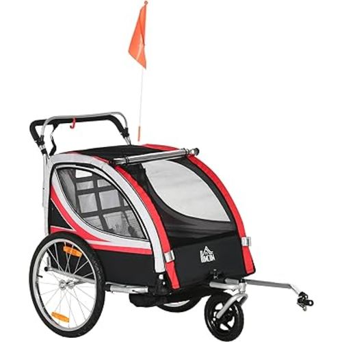 Aosom 2-in-1 Child Bike Trailer, Baby Stroller with Brake, Storage Bag, Safety Flag, Reflectors & 5 Point Harness