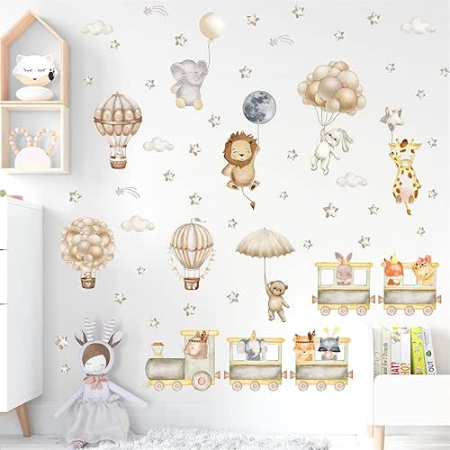 Cartoon Animal Wall Decals - Hot Air Balloon, Star, Moon, Cloud Wall Stickers - Colorful Balloon, Cute Train Animals - Nursery, Kids, Baby Room Decor