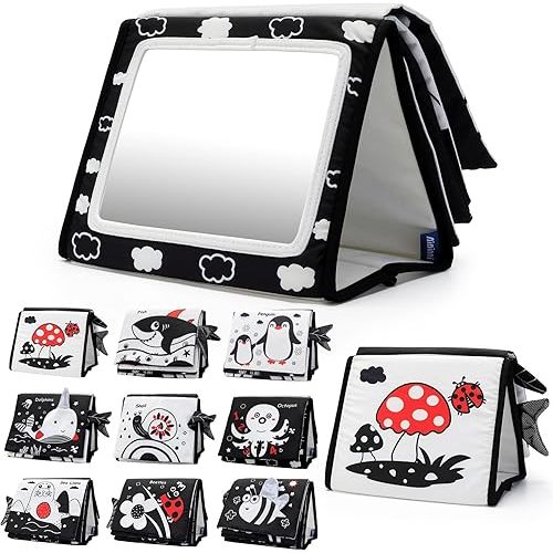 Tummy Time Mirror Toys, Baby Toys 6-12 Months Mirror Floor Toy Soft Cloth Book, Black and White Sensory Toys Activity Montessori Newborn Floor Toys for Boys Girls Gifts 6+Months (Black-Ocean)