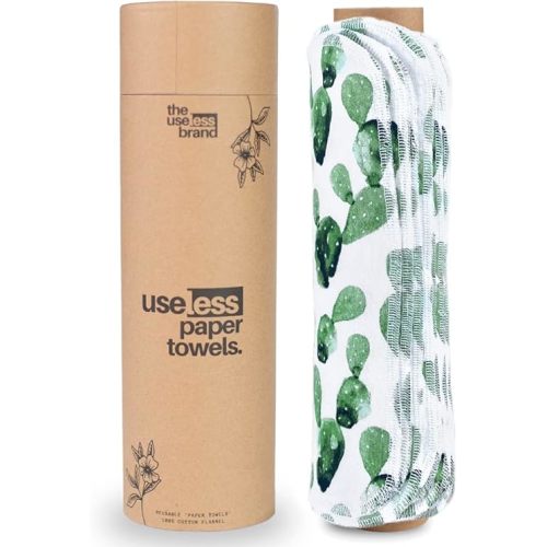 The Useless Brand Reusable Paper Towels Roll | 12 Eco Friendly Washable Cotton Flannel Towels w/Cardboard Roll | Zero Waste & Sustainable | Fits on All Holders (Cactus, 12 Towels)